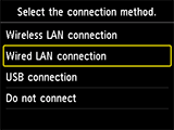 Bildschirm „Wählen Sie die Verbindungsmethode“: „Drahtgebundene LAN-Verbindung“ auswählen